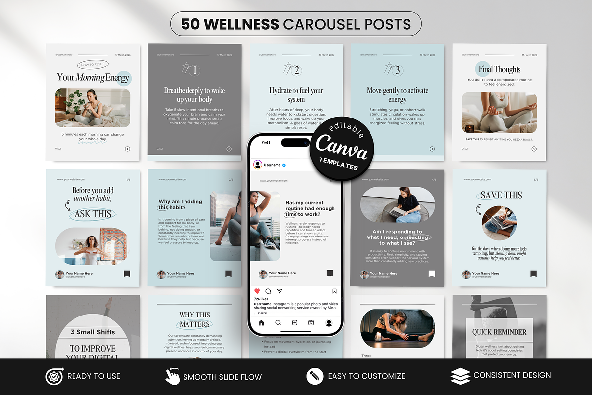 Wellness Carousel Instagram Posts, a Social Media Template by DigiPax (Photo 1 of 11)