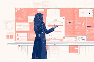 Young woman analyzes data on a futuristic digital display, an Illustration by AS photostudio