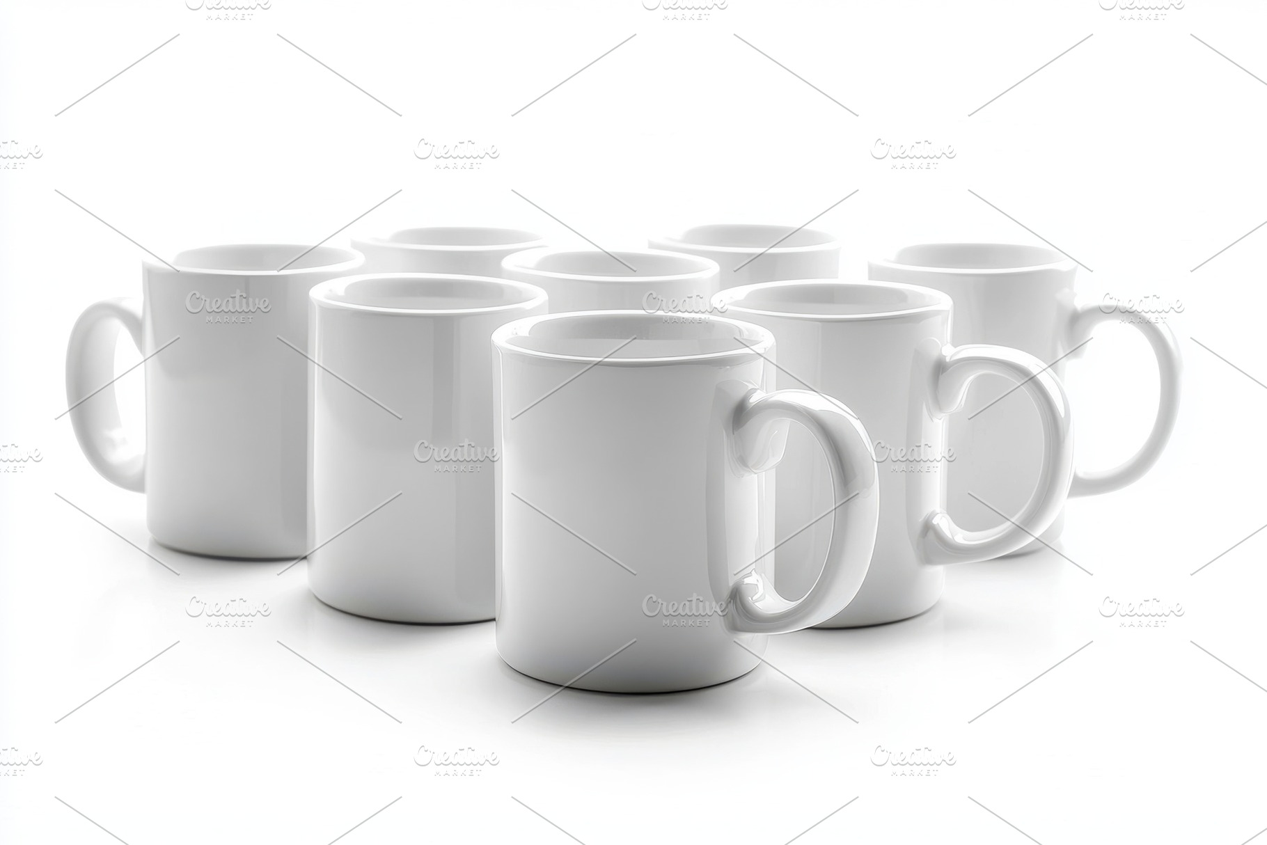 Six white mugs arranged on white bac, a Background Photo by Pixeness Studio