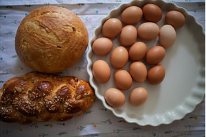 Homemade bread and eggs on rustic, a Food & Drink Photo by HalfPoint