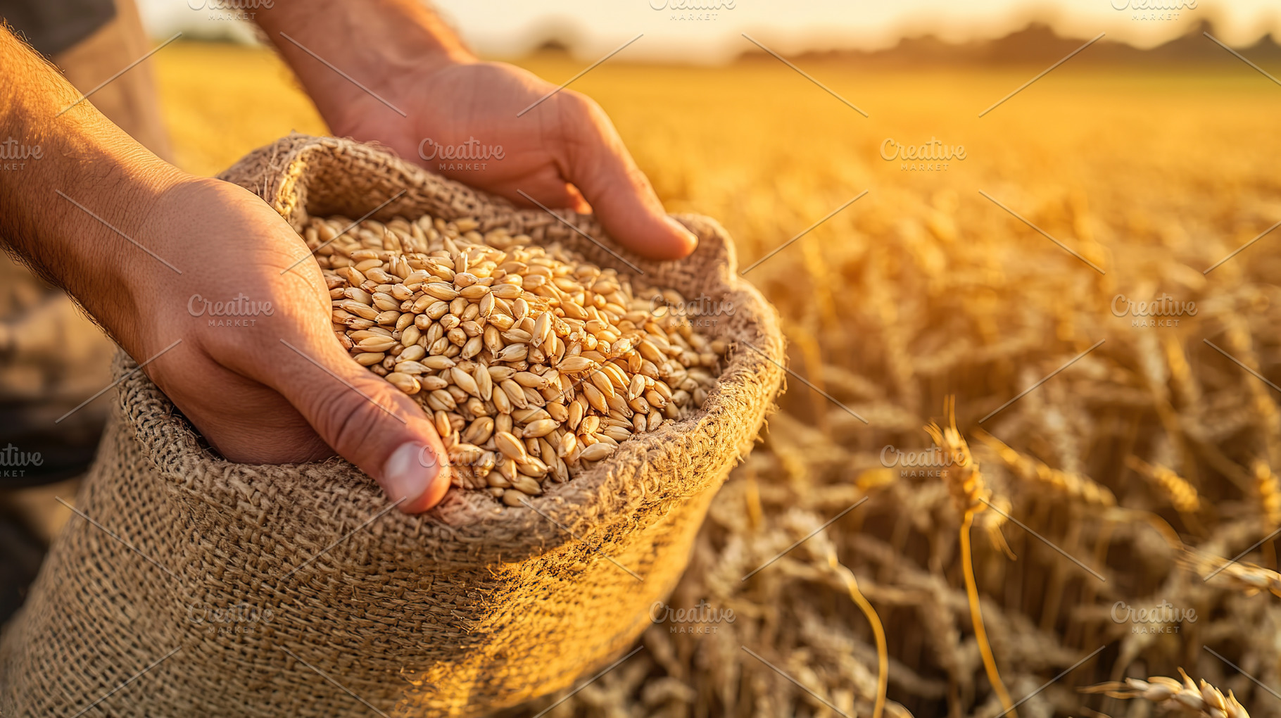 Harvesting wheat grains at sunset with hands full of golden produce, a Food & Drink Photo by AlyaAnd