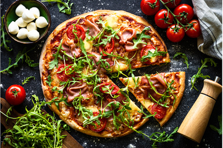 Traditional italian pizza with ham, a Food & Drink Photo by Nadia-nb