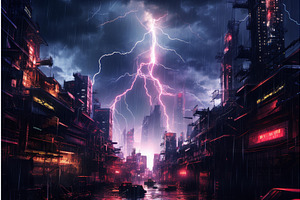 Bustling Neon City Thunder. Future