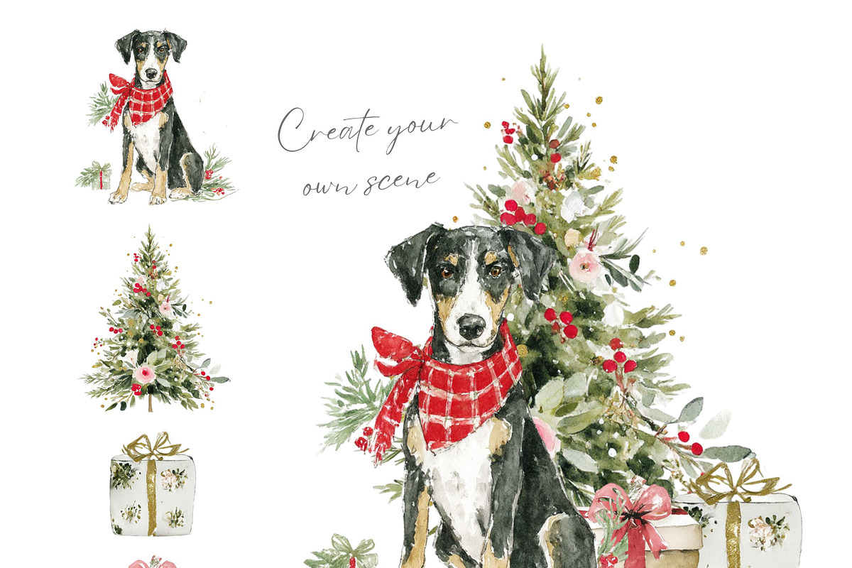 Christmas Watercolor Dogs Clipart, a Seasonal Illustration by artinspirestudio (Photo 5 of 8)
