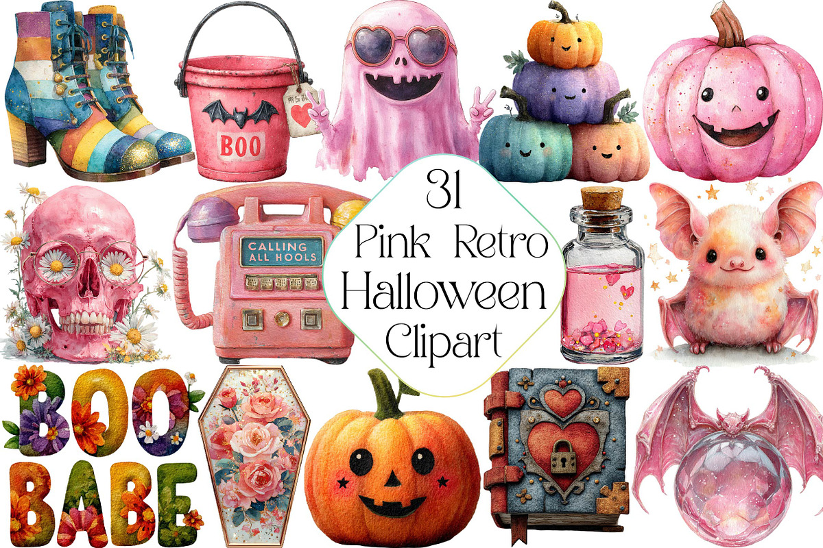 Pink Retro Halloween Clipart Bundle, an Illustration by DreamPrint404 (Photo 1 of 5)