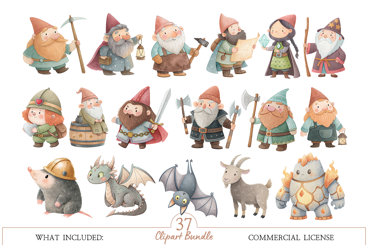 Watercolor Fantasy Dwarf Clipart Set, an Illustration by MockupWizard (Photo 3 of 6)