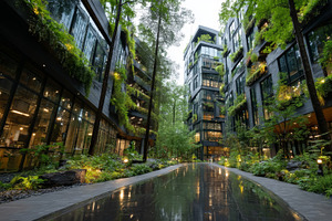 Urban courtyard oasis with glass buildings and lush greenery, a modern architec, an Illustration by AS photostudio
