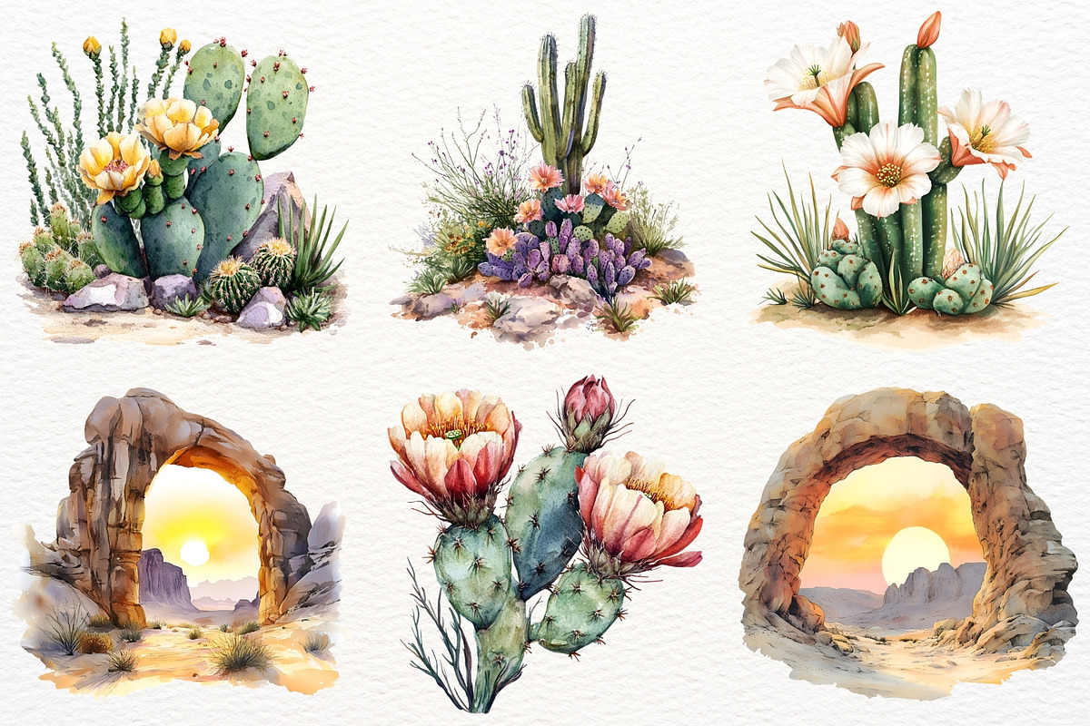 Western Landscape Clipart Cactus PNG, a Decorative Illustration by SugarCloudStudioArt (Photo 3 of 8)