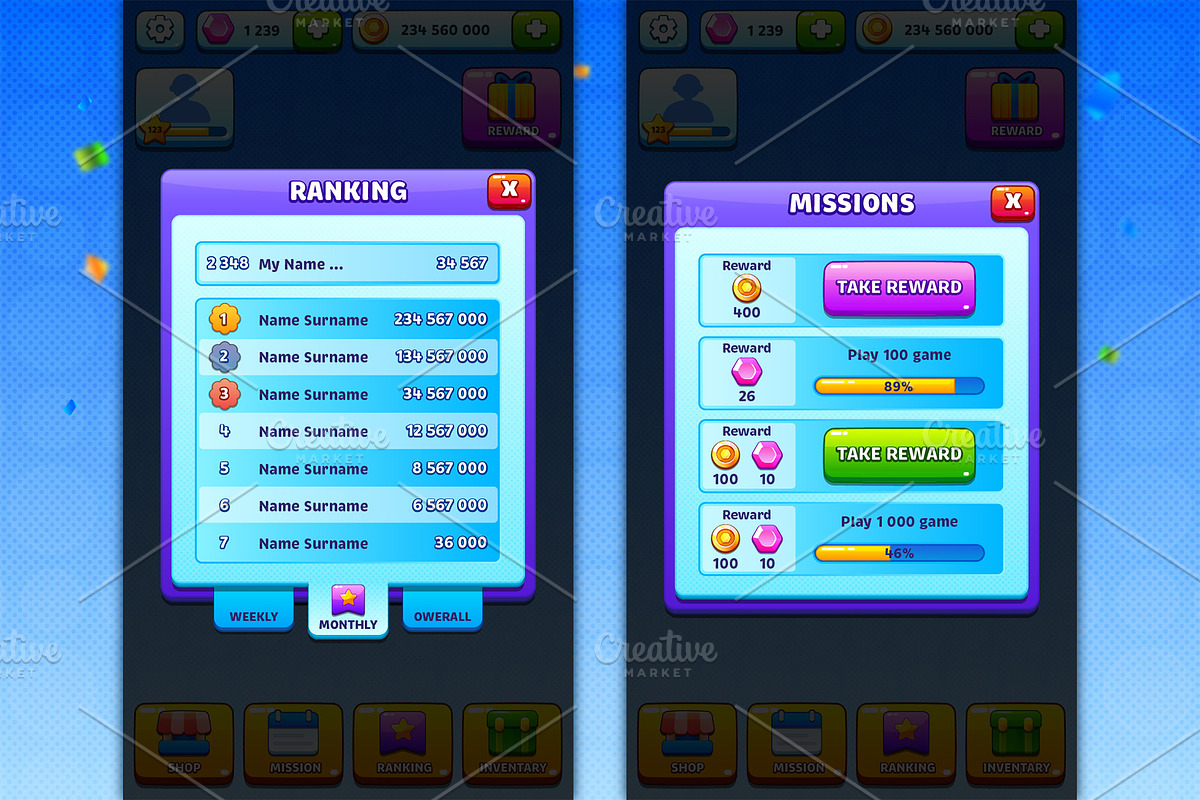 Game UI pack for mobile casual game, an UI Kit Template by KartInnka (Photo 13 of 18)