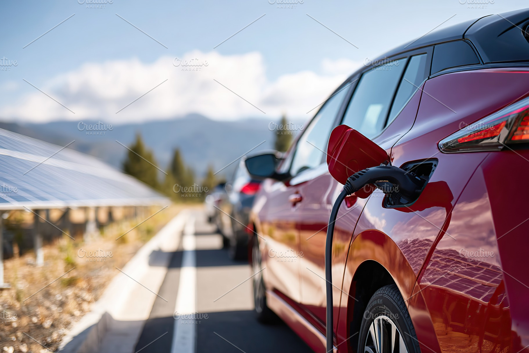 Electric car charging at a solar-powered station in a scenic outdoor location, a Transportation Photo by AlyaAnd