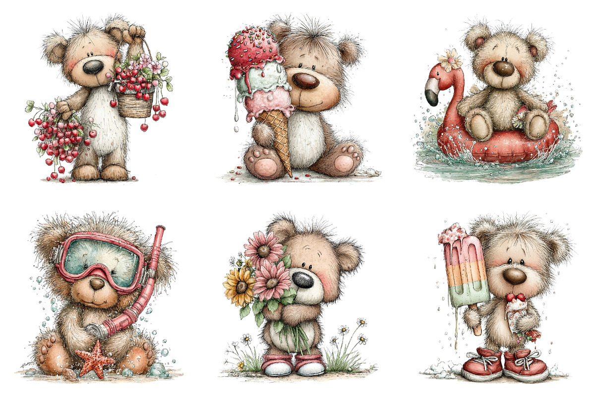 Whimsical Summer Teddy Bear Clipart, an Illustration by Dream Creation (Photo 3 of 6)