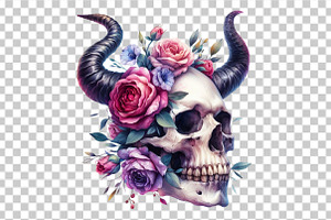 Floral Skull With Horns PNG Clipart