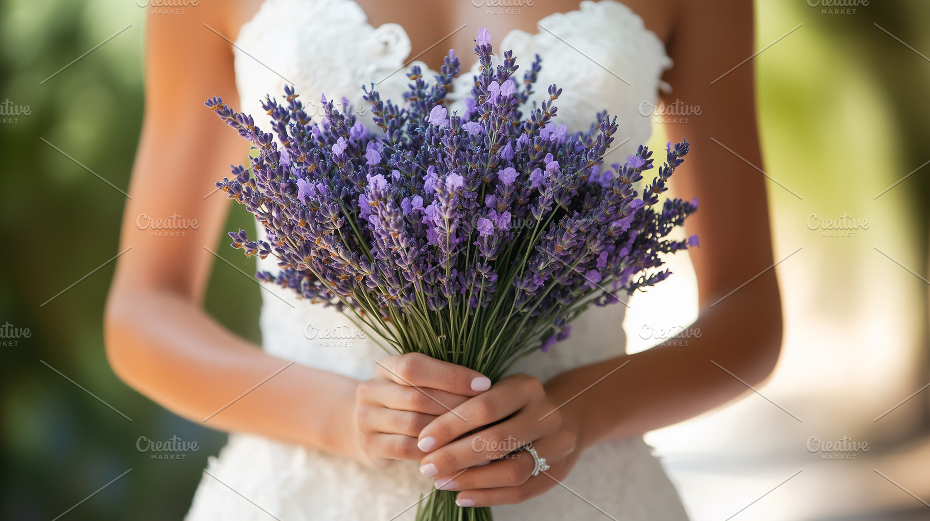 Bride in lace wedding dress holds, a Nature Photo by MistyDay