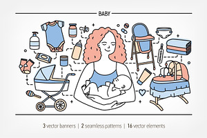 Newborn baby care products, tools, a Healthcare Illustration by Good Studio