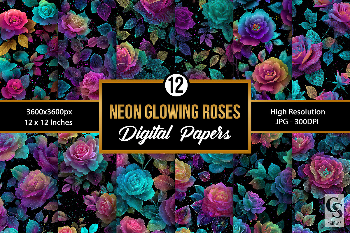 Neon Glowing Rose Flower Pattern, a Pattern Graphic by Creative Store (Photo 1 of 5)