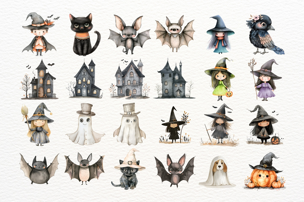 Watercolor Cute Halloween Cliparts =, an Illustration by Nicolle's Colorful Art (Photo 2 of 7)