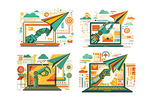 Laptop with robot hand flat vector, a Technology Illustration by Onyx