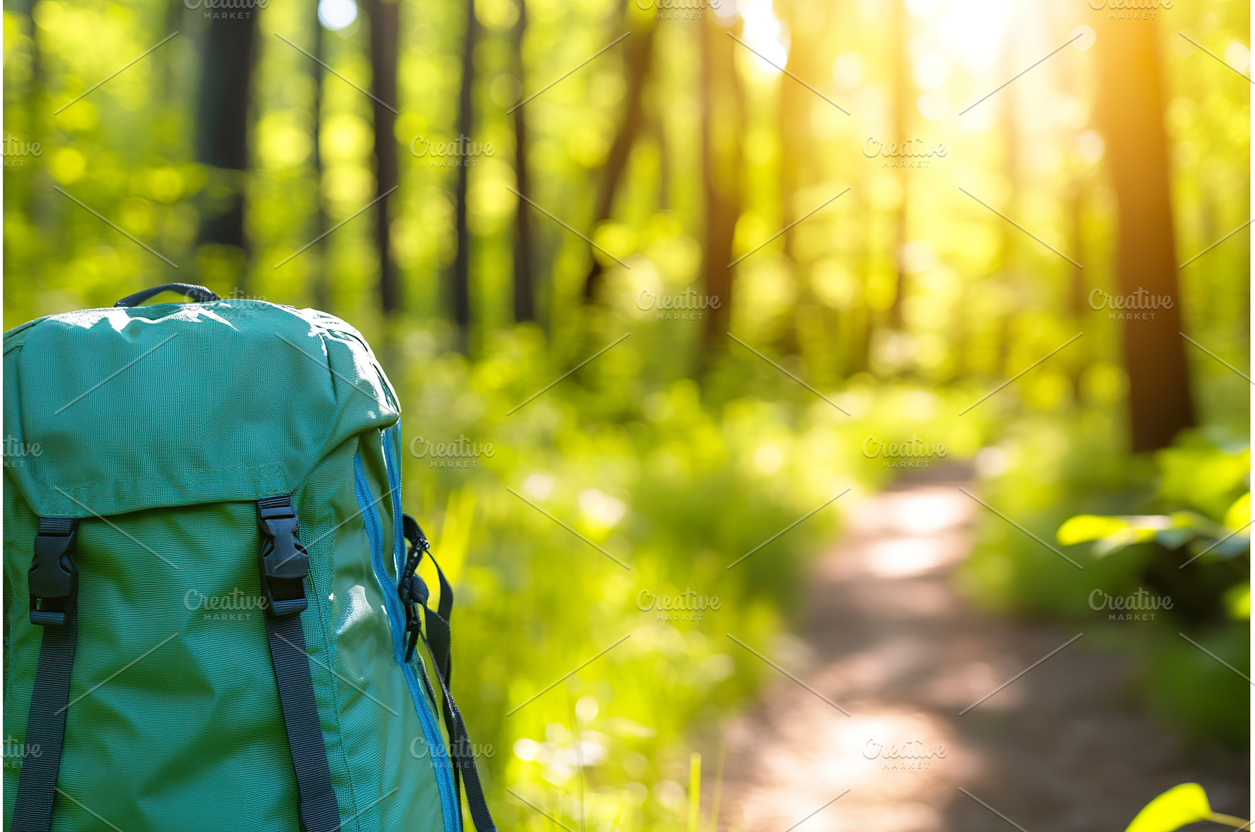 Green backpack on forest path in, a Nature Photo by Lermont51