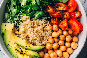 Top view on a vegan bowl with quinoa, a Food & Drink Photo by MistyDay