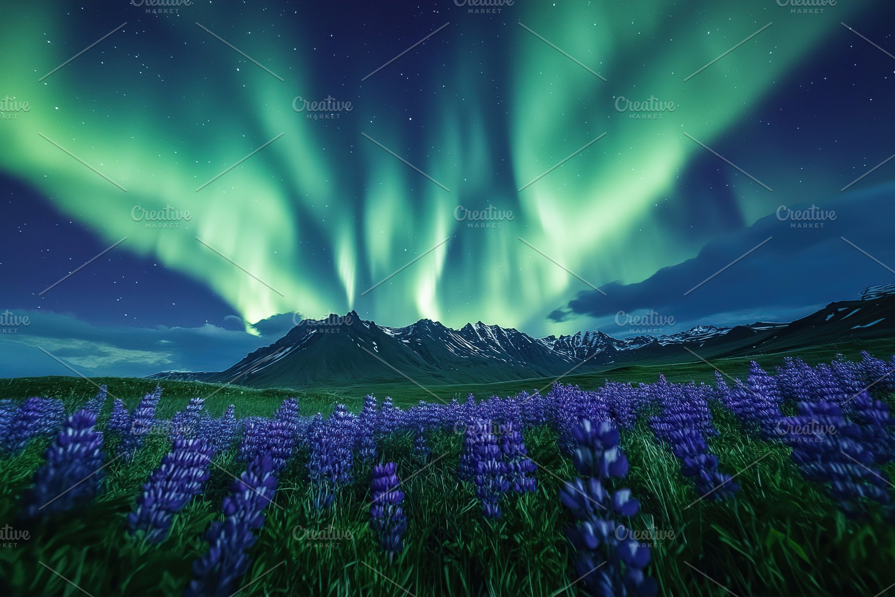Magnificent northern lights over purple flowers in a scenic mountain landscape, a Nature Photo by AlyaAnd