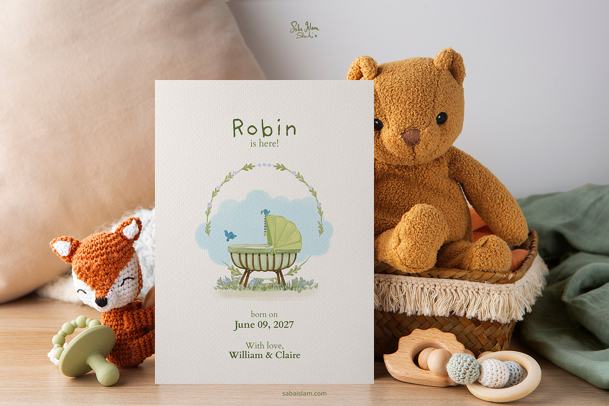 Whimsical Green Birth Announcement, a Card Template by SabaIslam.Studio (Photo 2 of 7)