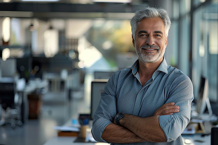 Portrait of mature man with grey hair standing in business office, a Person Photo by AlyaAnd