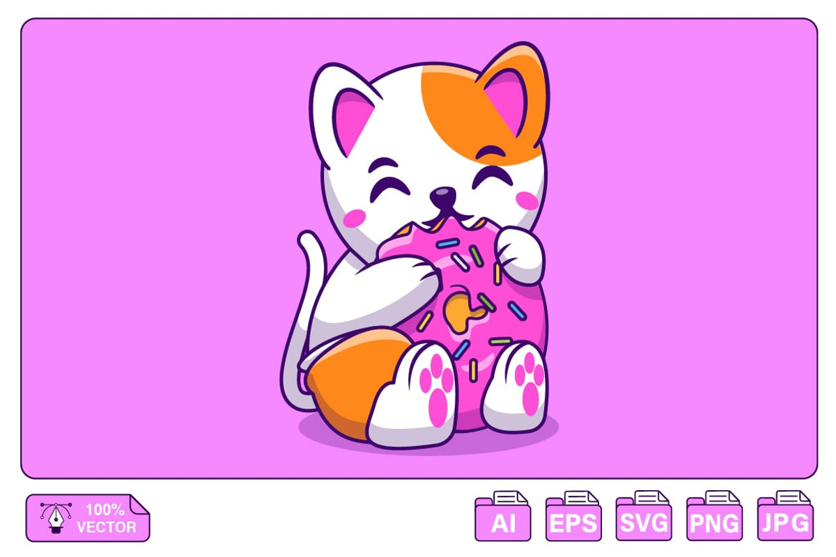 Cute Cat Eating Big Doughnut Cartoon, an Animal Illustration by Artstorystudio (Photo 1 of 3)