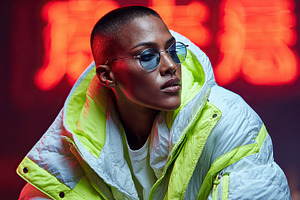 Influencer woman showcases urban fashion style in neon-lit city setting, a Person Photo by OSORIOartist