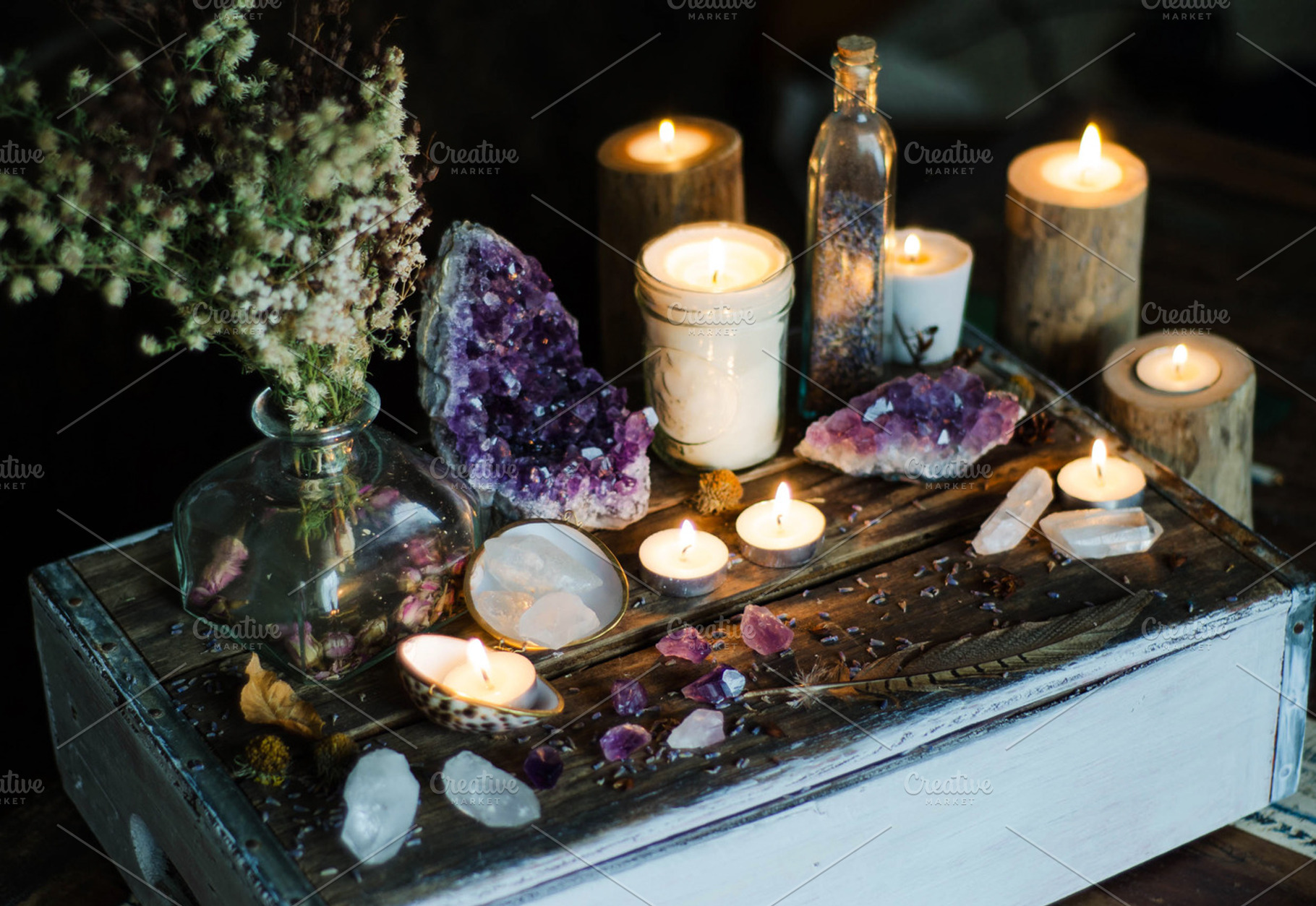 Mystical altar 5 featuring crystals, candle, and earthy, a Nature Photo by Coral Antler