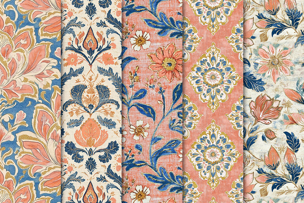 Blue Orange Floral Seamless Patterns, a Pattern Graphic by Maishop (Photo 2 of 4)