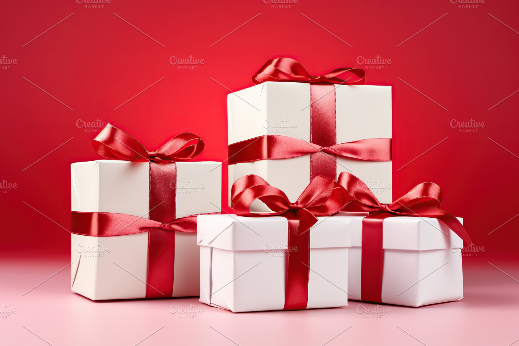 Christmas gift boxes on red background, a Holiday Photo by AlyaAnd