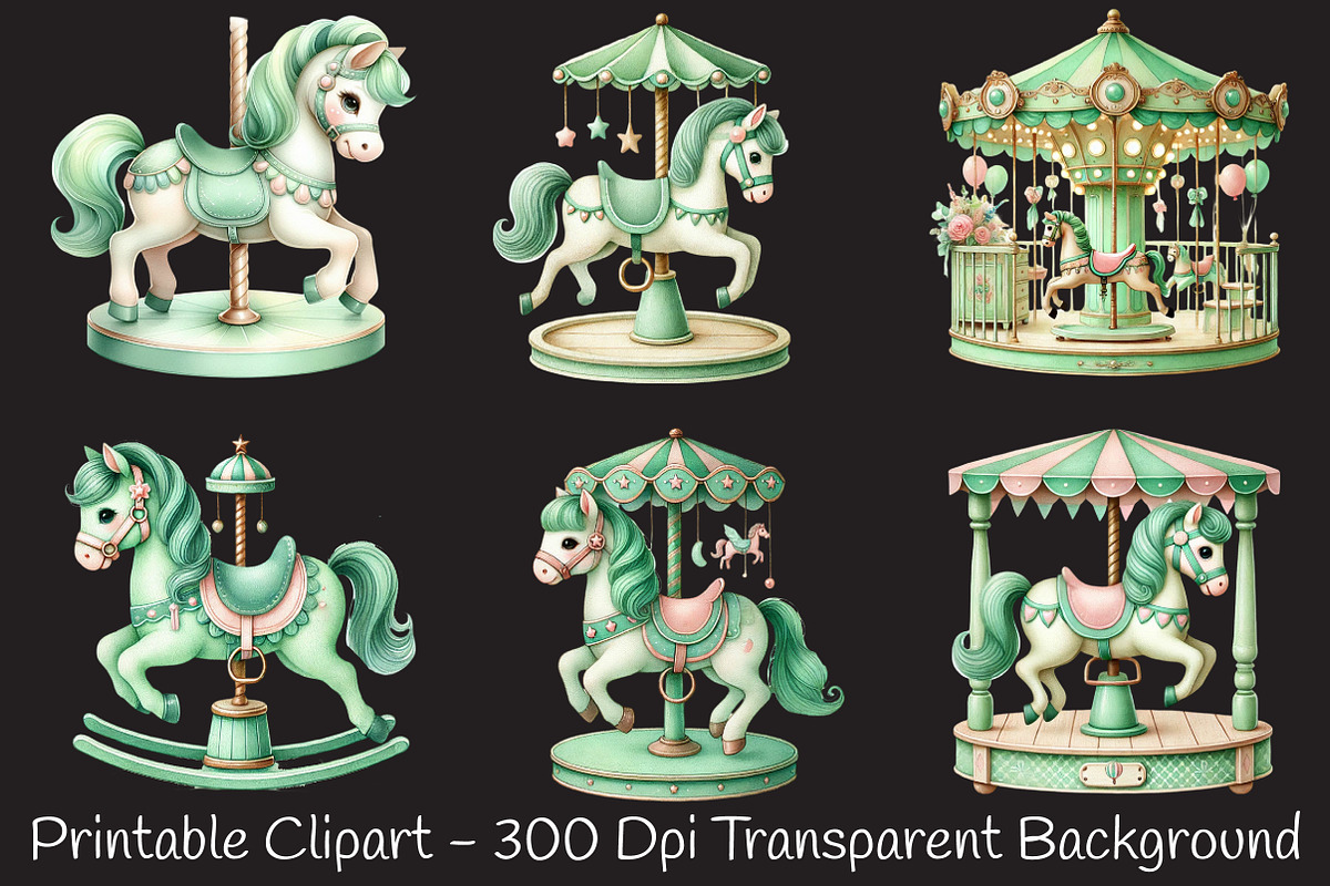 Green Nursery Carousel Horses Clipar, an Illustration by RobertsArt (Photo 7 of 7)