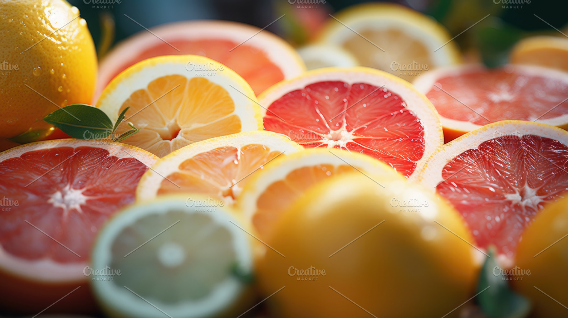 Citrus fruits, sliced lemons, oranges and grapefruits with water, a Photo by Dvoevnore photos
