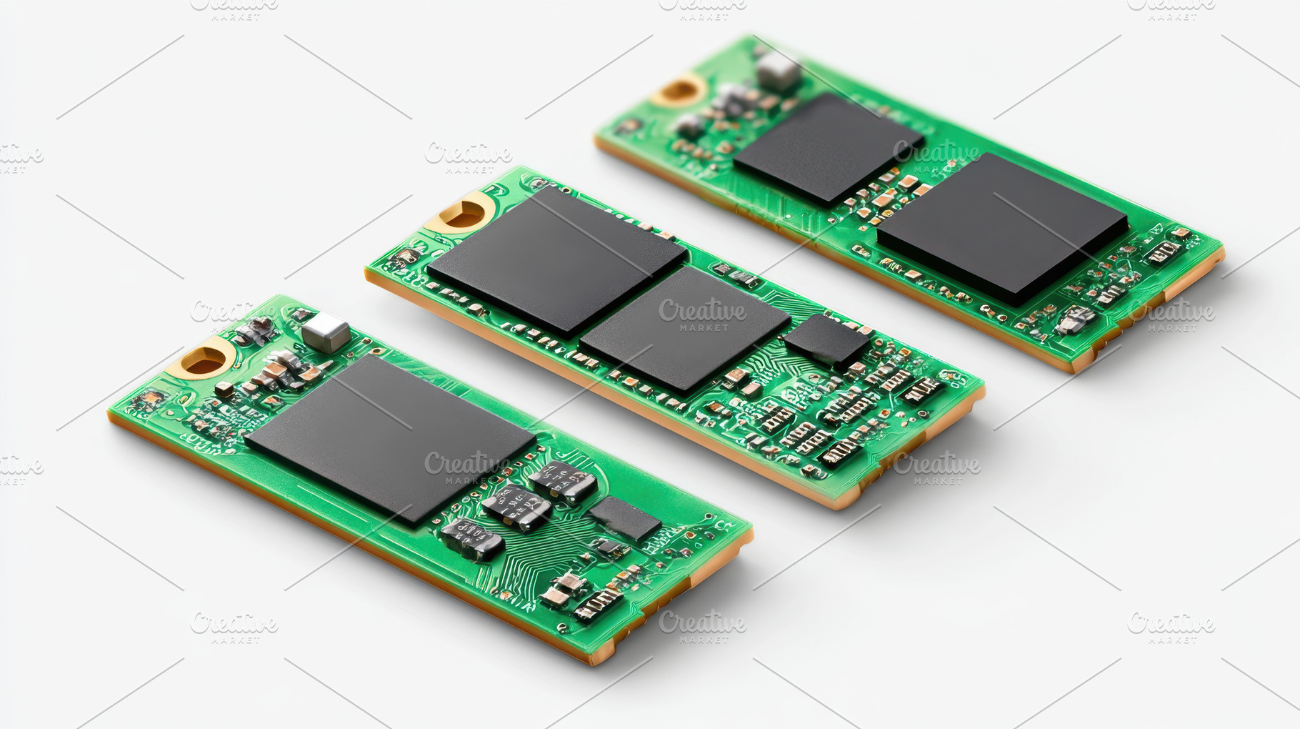 Three green circuit boards with black chips, a Technology Photo by AlyaAnd