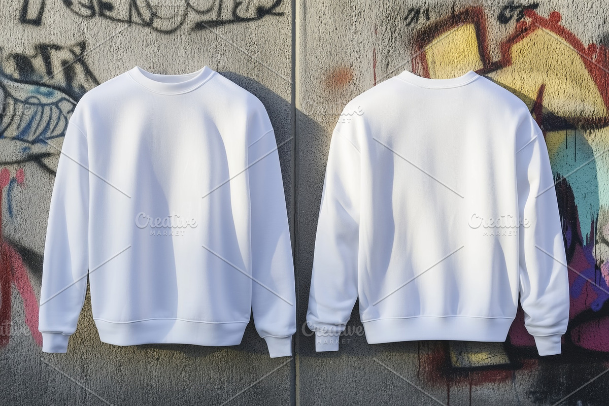 Two identical white sweatshirts mockup hanging against a graffiti-covered wall,, a Shirt Mockup by Textures & Backgrounds
