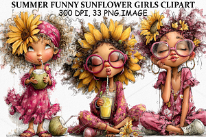 Summer Funny Sunflower Girls Clipart, a Seasonal Illustration by Canvas Craft