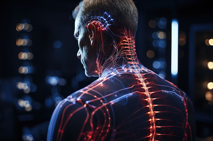 Digital composite of highlighted human neck pain in dark room wi, a Person Photo by AS photostudio