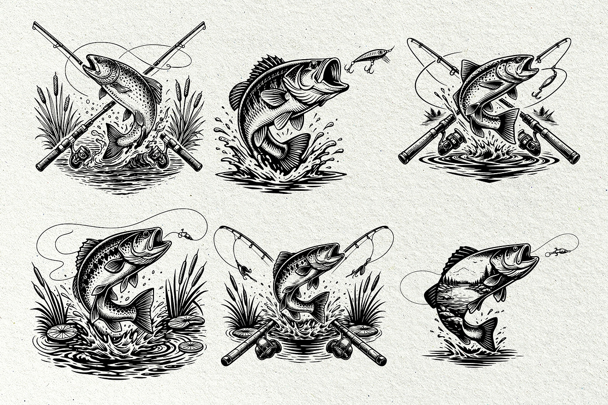 Vintage Fishing Engraving Graphics, a Sport Illustration by DENIDigitalArtSudio (Photo 6 of 8)