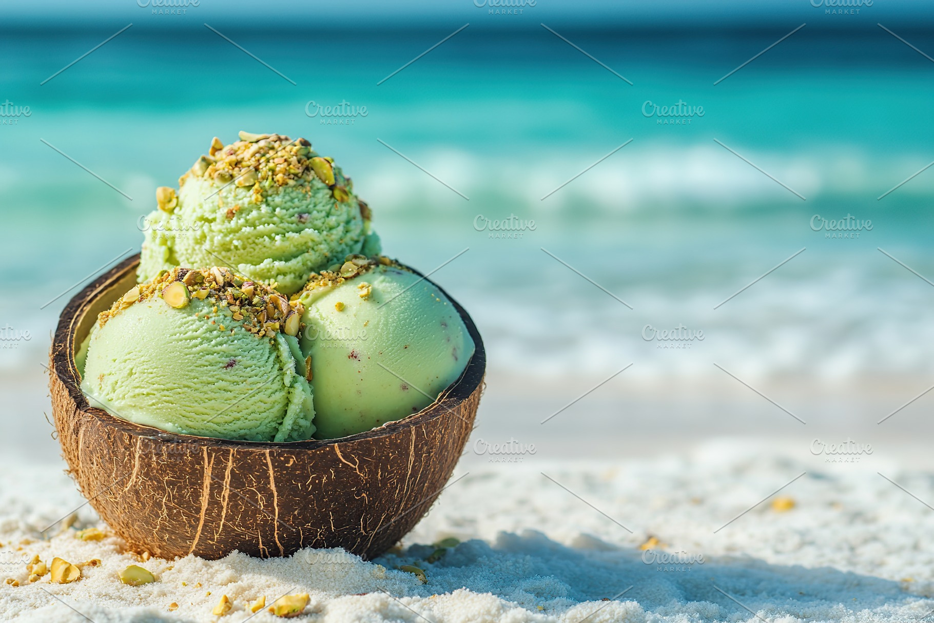 Delightful pistachio ice cream served in a coconut shell on a sandy beach, a Food & Drink Photo by AlyaAnd