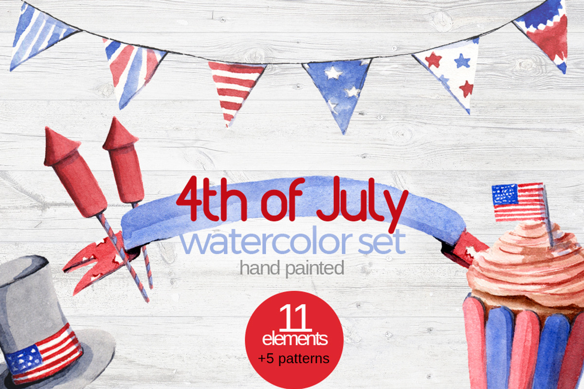 4th of July Watercolor Clipart Set, a Decorative Illustration by Sha1nee (Photo 1 of 4)