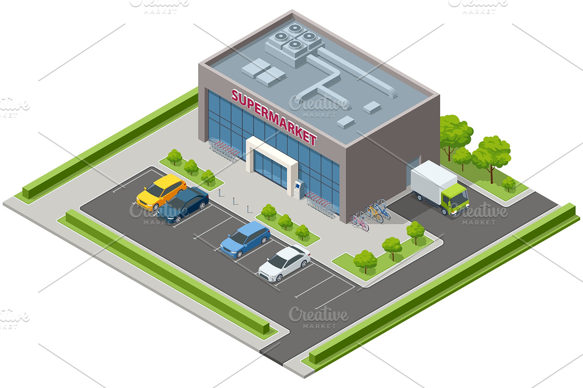 Isometric Supermarket with Car Park, a Transportation Illustration by Golden Sikorka (Photo 2 of 3)