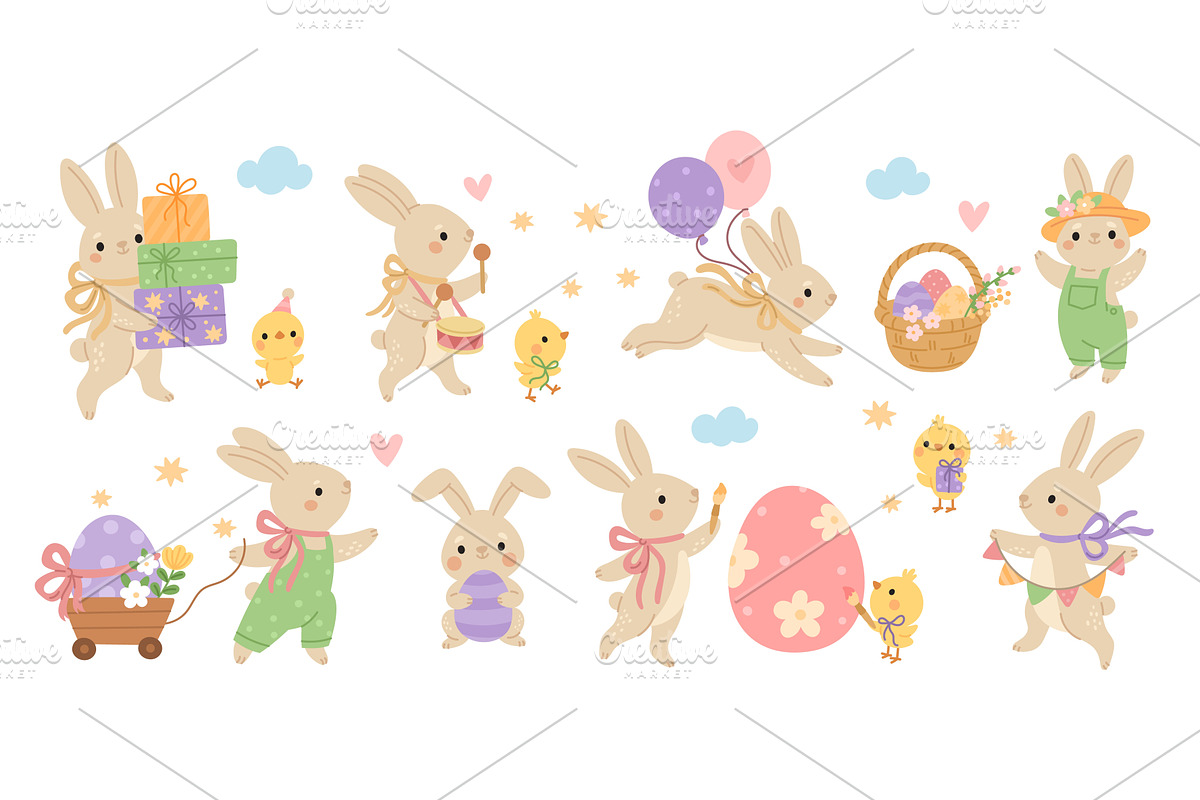 Cute easter rabbits. Holiday funny, an Animal Illustration by YummyBuum