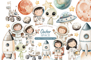 Outer Space Watercolor Clipart, an Illustration by MockupWizard
