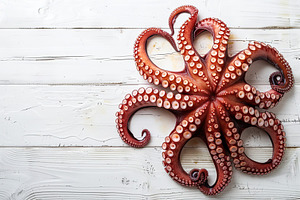 Grilled octopus on white wooden table, a Food & Drink Photo by AlyaAnd