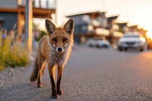 Curious fox walking down a quiet street during sunset in a coastal town, an Animal Photo by AlyaAnd