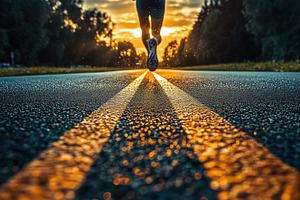A silhouette of a runner on a road during sunset, with vibrant colors in the sk, a Person Photo by Textures & Backgrounds