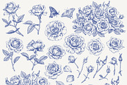Roses Vintage set Blue Toile Vector, an Object Graphic by ON_lineart_store (Thumbnail 3 of 10)