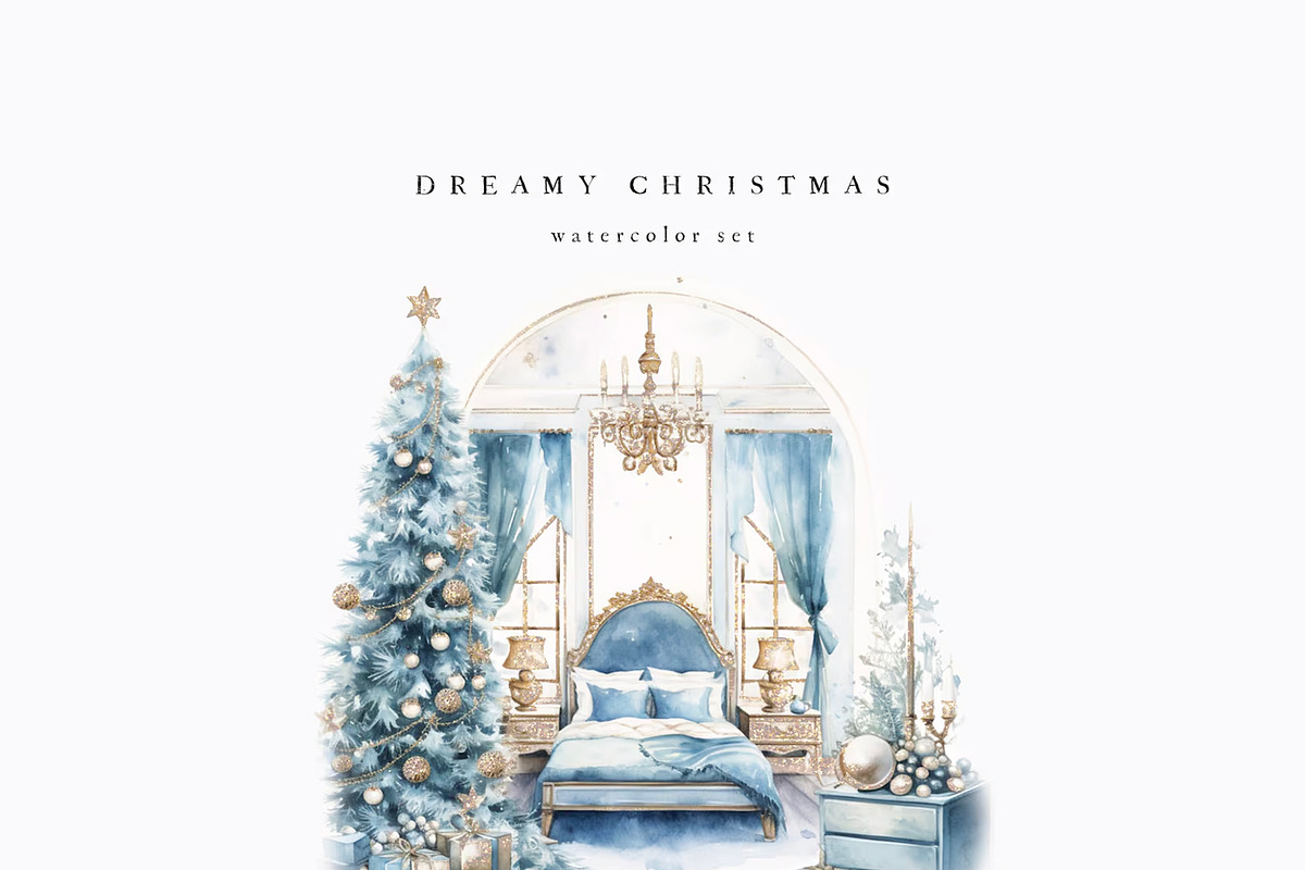 Christmas Blue Watercolor Dreamy Set, a Seasonal Illustration by studioequinox (Photo 8 of 10)