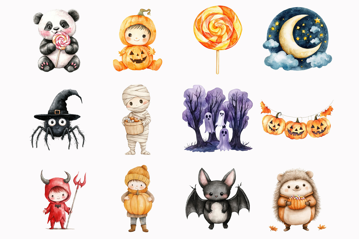 Watercolor Cute Halloween Clipart, an Illustration by Design Market (Photo 4 of 5)