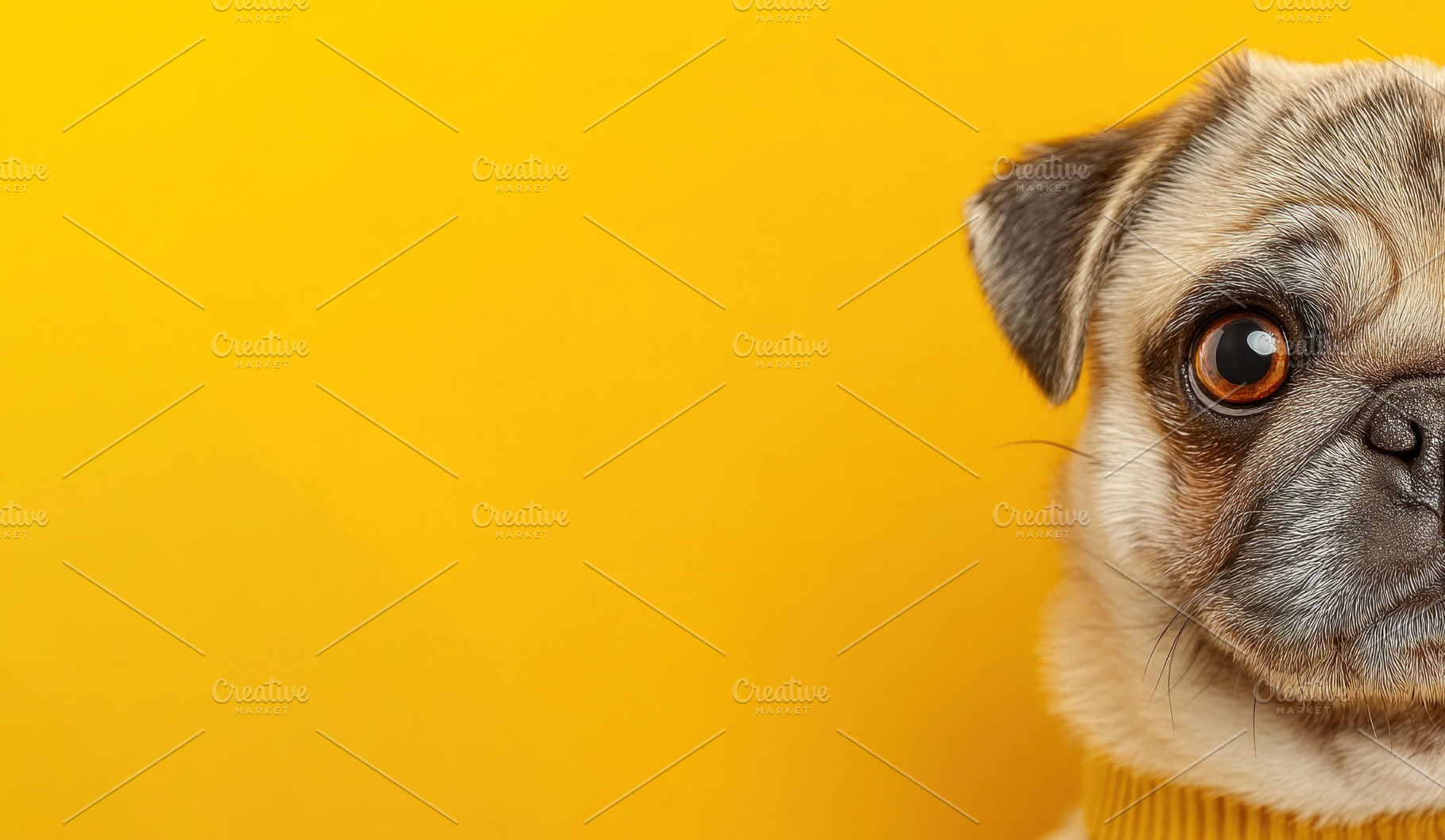 Adorable pug dog half portrait with expressive eye on bright yel, an Animal Photo by José Manuel Gelpi